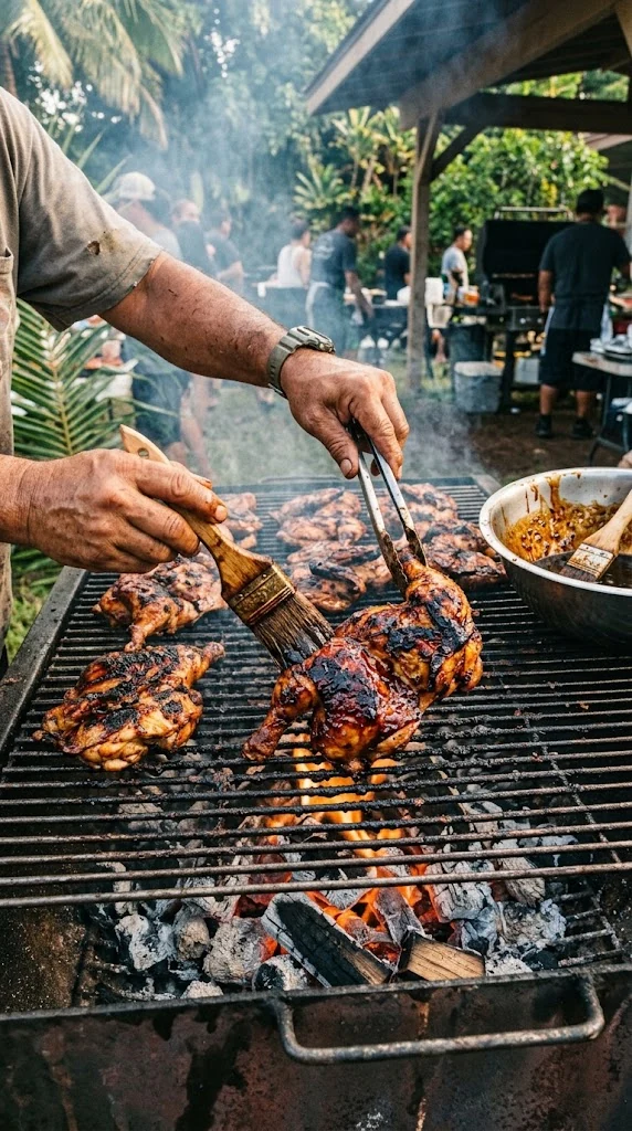 Retournement du poulet Huli Huli sur le gril pendant le badigeonnage