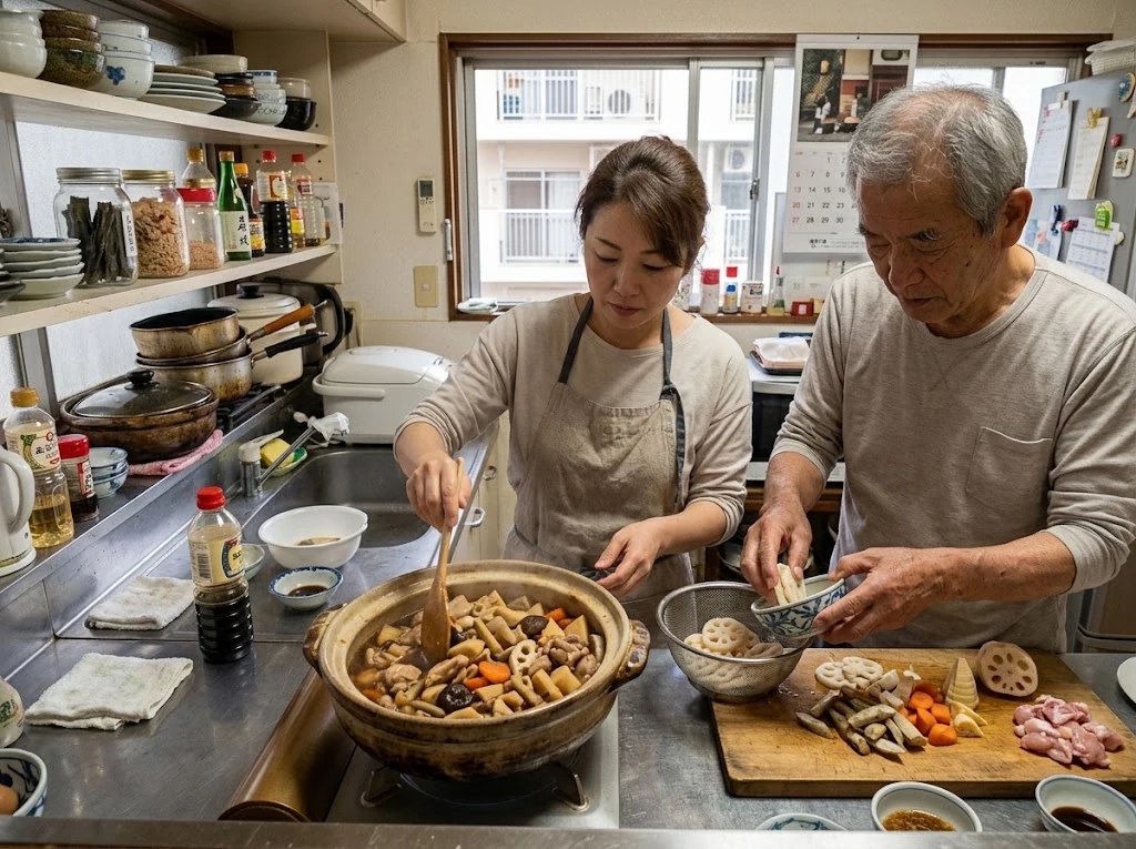 Chikuzenni servi lors d’un repas familial japonais avec bols et baguettes