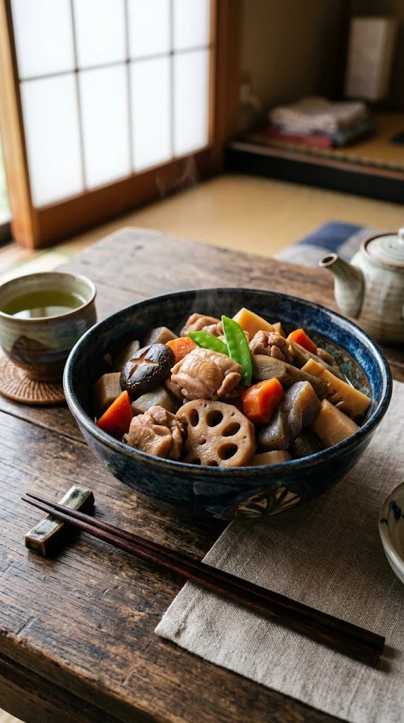Bol de chikuzenni japonais, poulet et légumes racines mijotés