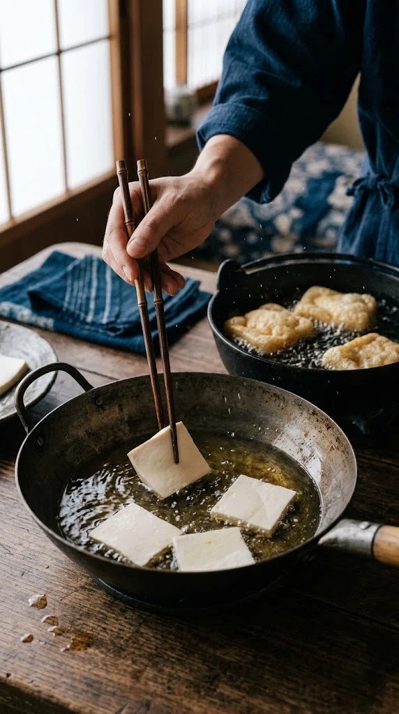 Double friture de fines tranches de tofu pour préparer l’aburaage japonais