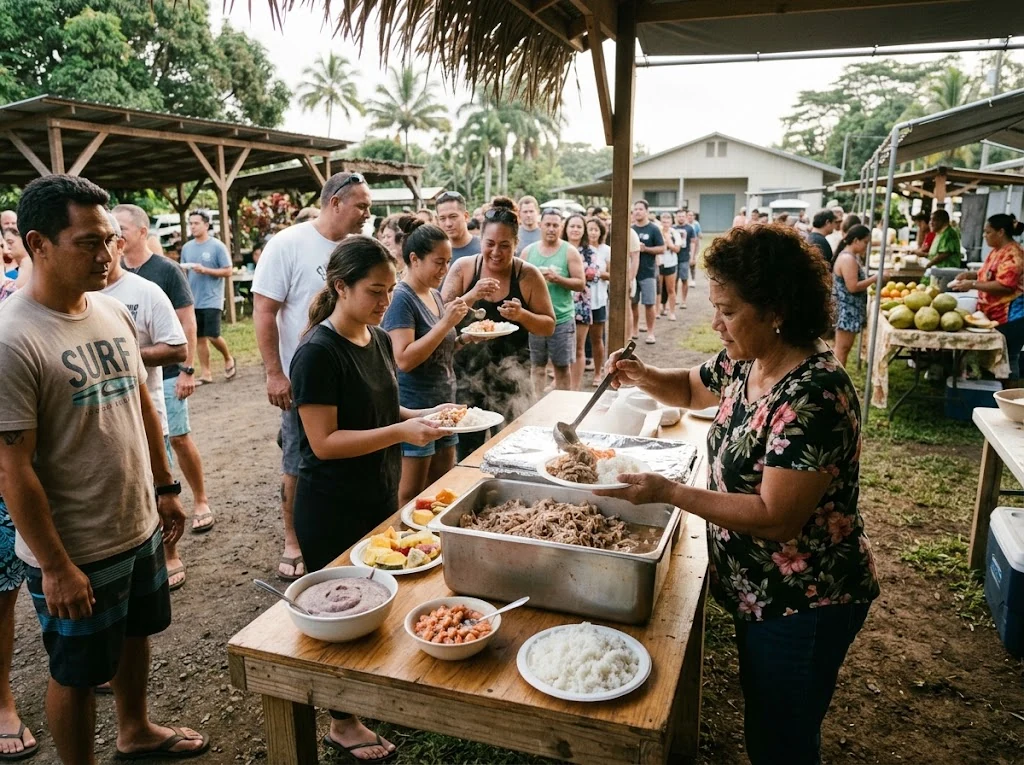 Marché ou rassemblement culinaire hawaïen où du kālua pork est servi dans un contexte local crédible