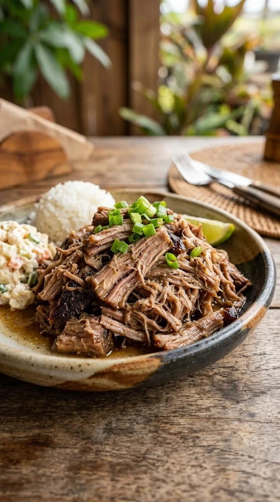Kālua Pork hawaïen effiloché, tendre et juteux, servi simplement