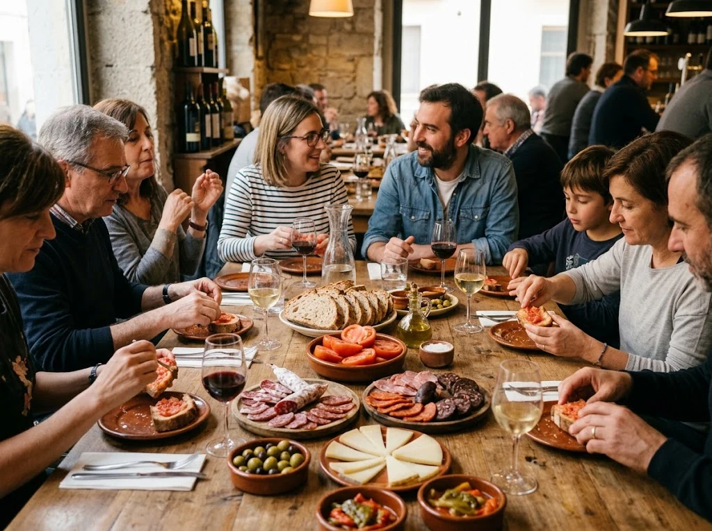 Table catalane conviviale avec pa amb tomàquet partagé avec charcuteries ou autres accompagnements locaux