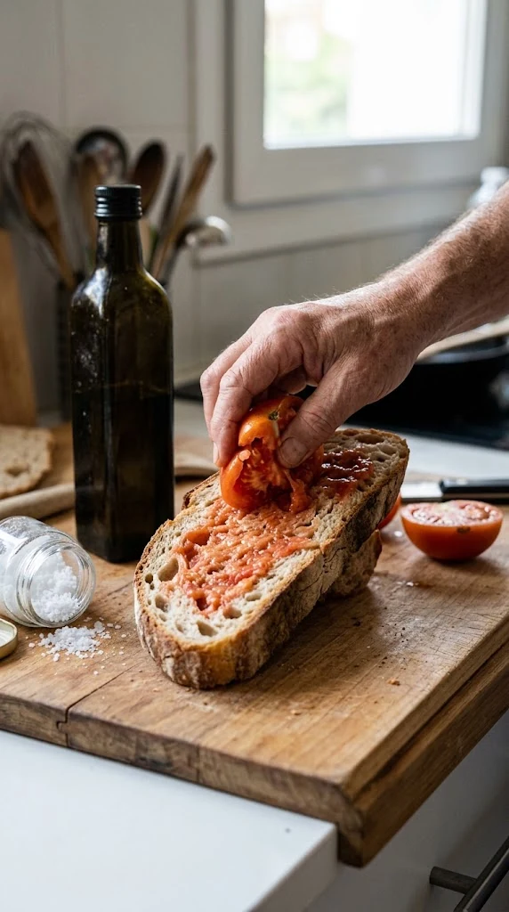 Frotter directement une demi-tomate très mûre sur la mie du pain jusqu’à ce que sa pulpe imprègne la surface, puis ajouter huile d’olive et sel