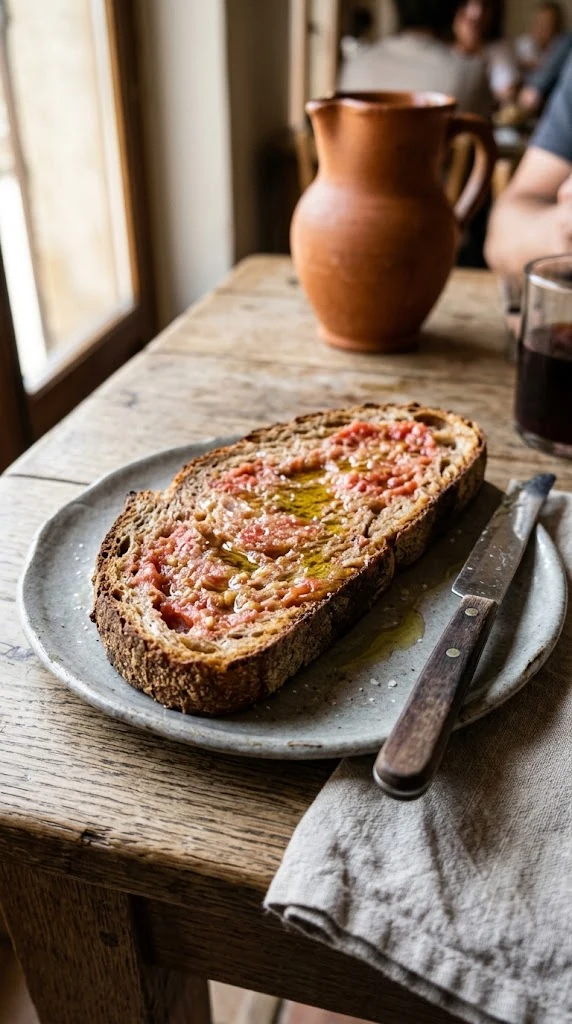 Pa amb tomàquet catalan, tranche de pain rustique frottée de tomate et arrosée d’huile d’olive