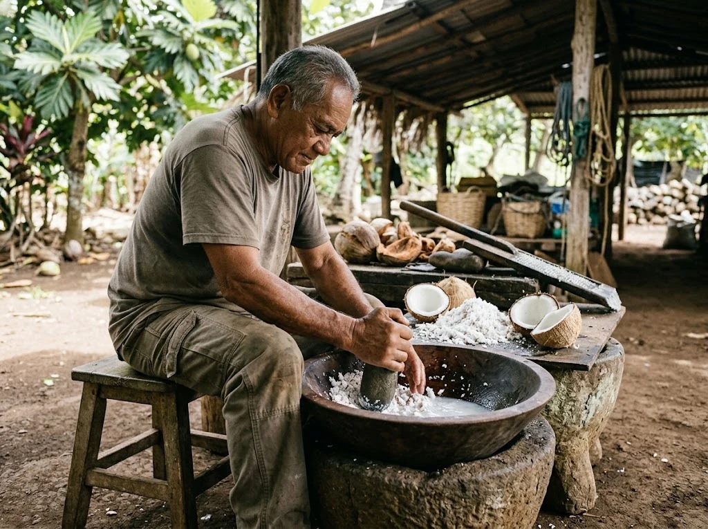 Préparation artisanale du lait de coco ou travail de la noix de coco dans un contexte hawaïen crédible