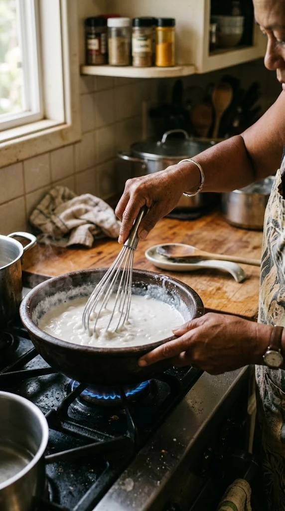 Fouetter le lait de coco avec l’amidon et le sucre sur feu modéré jusqu’à épaississement net avant de couler la préparation