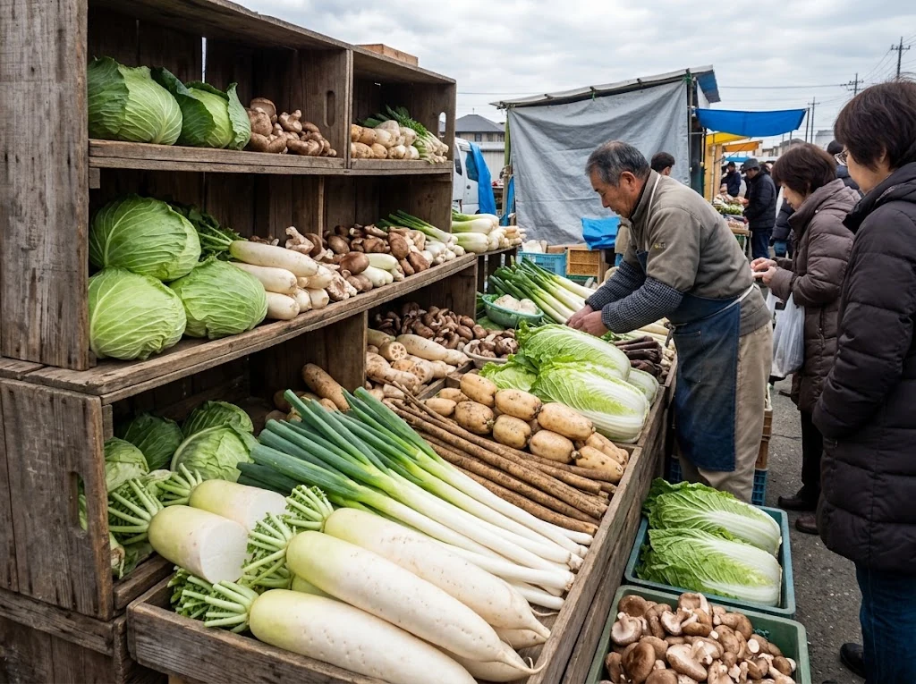 Choux frais et légumes d’hiver sur un étal ou dans une cuisine japonaise quotidienne, contexte alimentaire crédible
