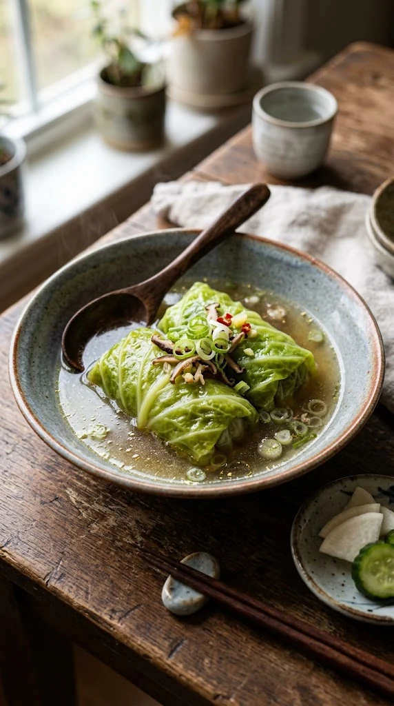 Rōru kyabetsu japonais, rouleaux de chou farcis servis dans un bouillon clair