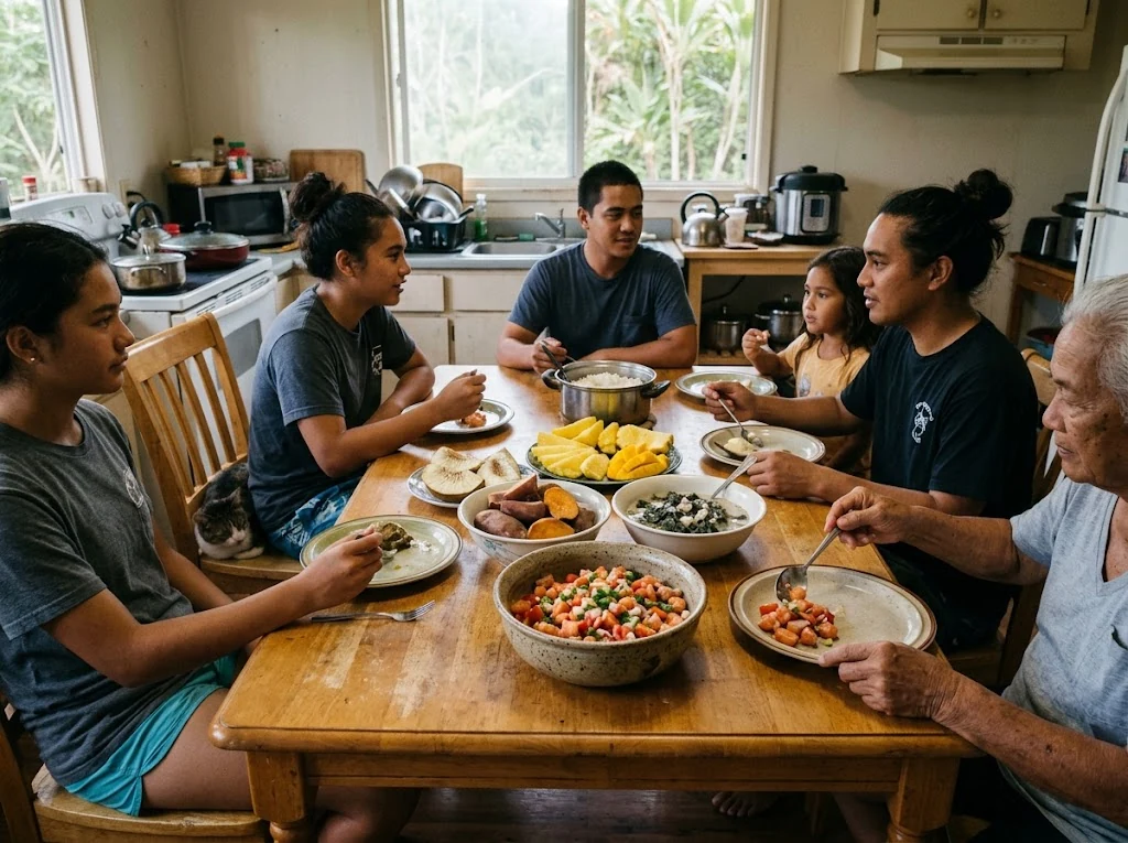 Préparation traditionnelle hawaïenne partagée sur une table de repas avec lomi lomi salmon et autres mets locaux, sans folklore artificiel
