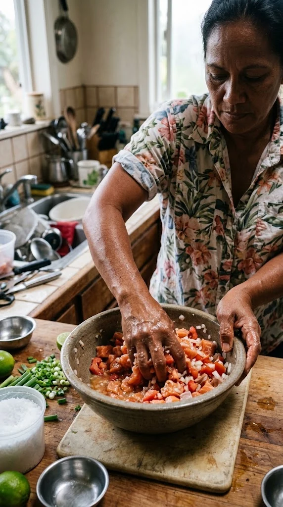 Mélanger et masser délicatement à la main le saumon salé avec tomate et oignon, geste qui donne son nom au lomi lomi
