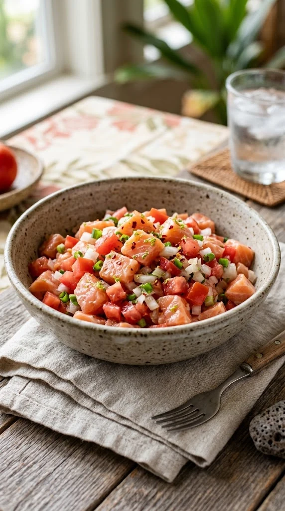 Lomi Lomi Salmon hawaïen, saumon salé en petits morceaux avec tomate et oignon, servi très frais