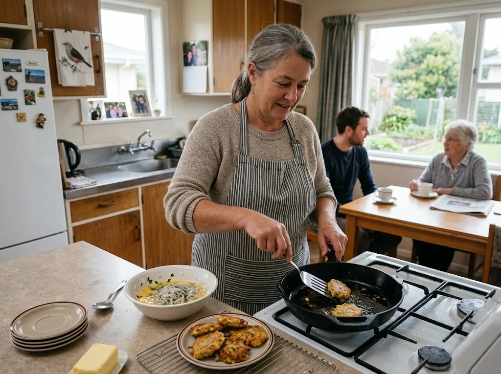 Cuisine familiale néo-zélandaise préparant des whitebait fritters en saison, contexte quotidien crédible