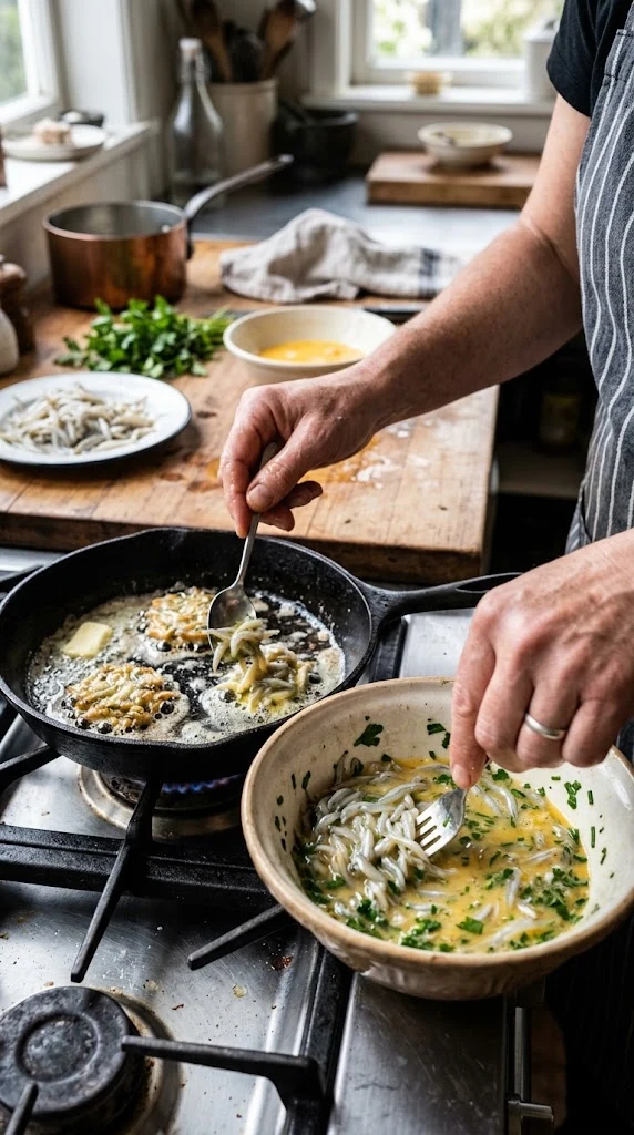 Incorporer délicatement le whitebait aux œufs battus puis cuire de petites portions rapidement au beurre dans une poêle