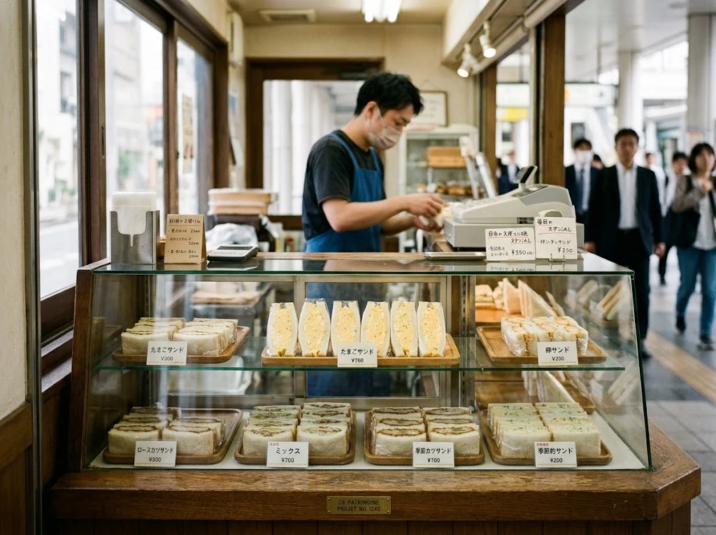 Comptoir ou vitrine de sandwiches japonais avec tamago sando dans un contexte quotidien crédible
