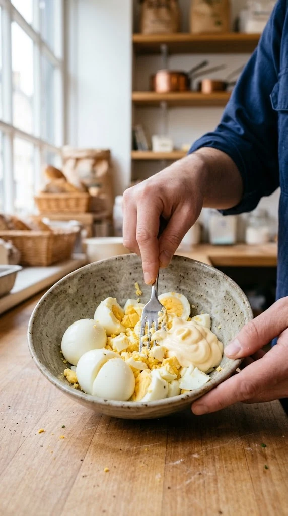 Écraser grossièrement les œufs durs, les mélanger à la mayonnaise japonaise puis garnir le shokupan sans comprimer la mie