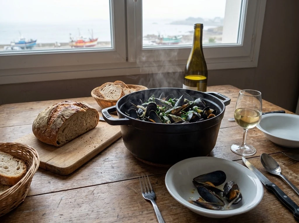 Port ou terrasse littorale française servant des moules marinières dans un contexte simple et crédible