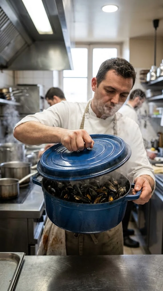 Faire suer l’échalote, ajouter le vin puis les moules, couvrir et secouer la cocotte pendant leur ouverture rapide