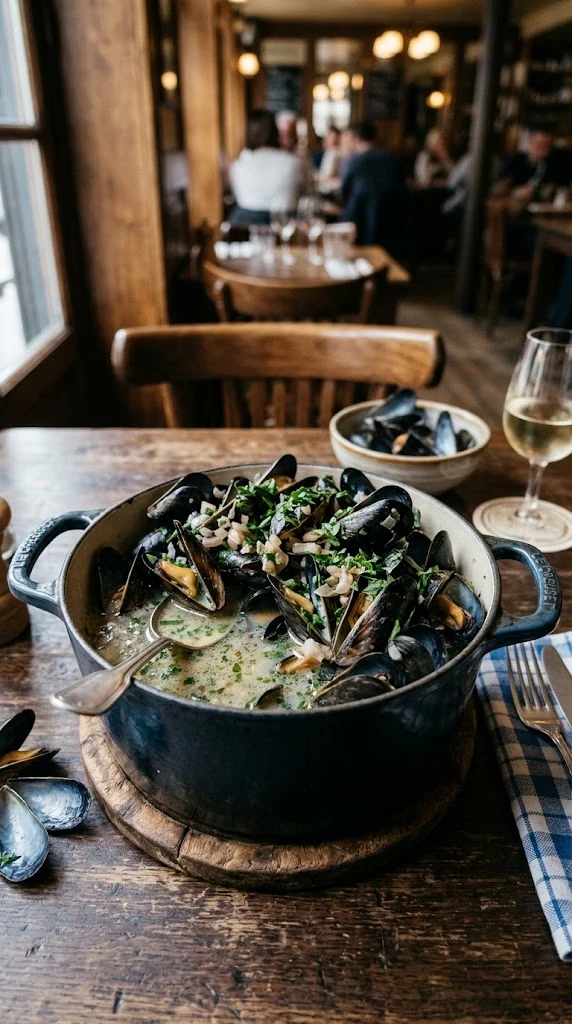 Table littorale française avec cocotte de moules marinières et pain, ambiance de repas crédible.