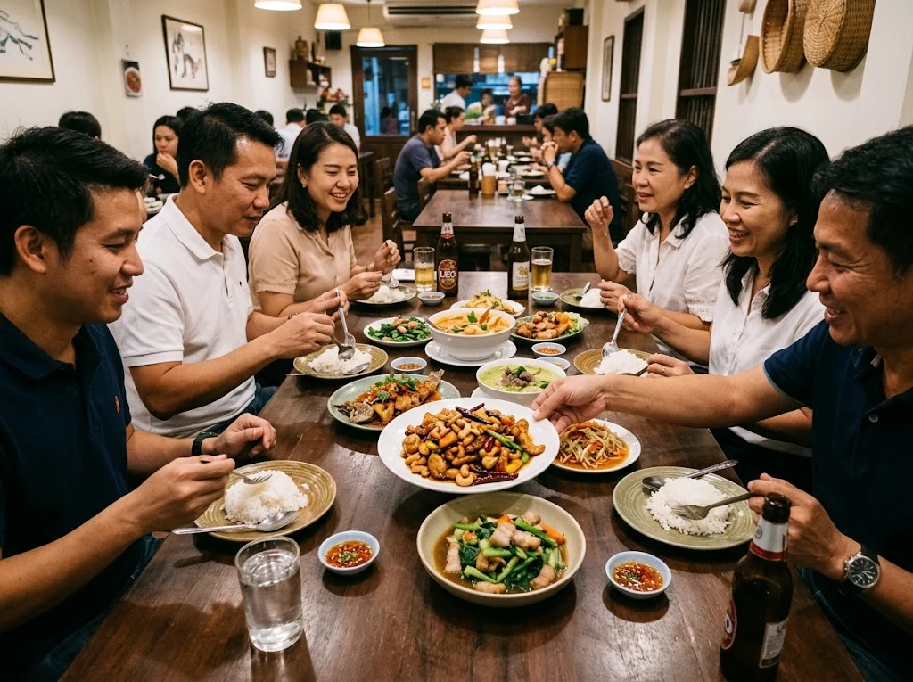 Table thaïlandaise partageant plusieurs plats dont un gai pad med mamuang, scène de repas crédible sans folklore
