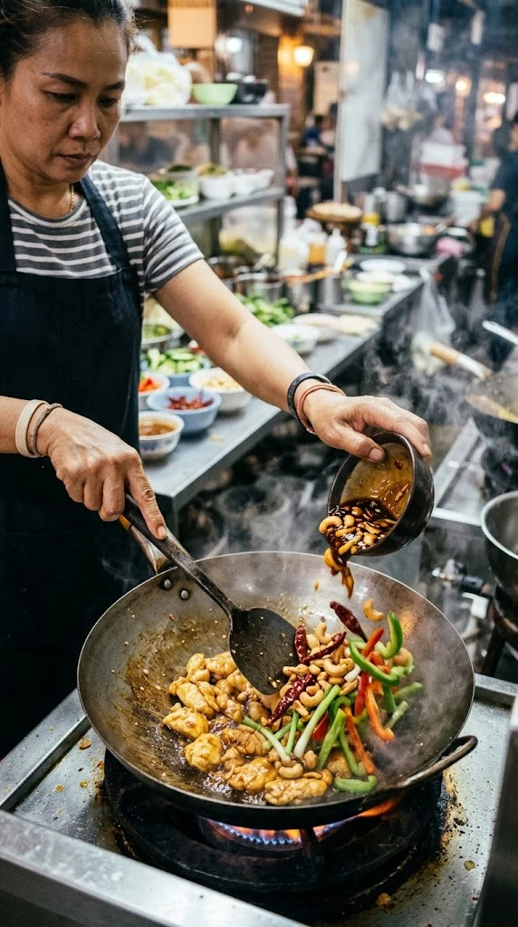 Saisir rapidement le poulet au wok puis ajouter sauce, noix de cajou, piments séchés et légumes préparés à l’avance