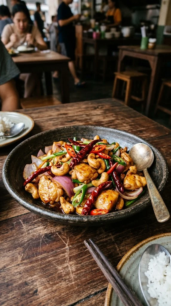 Table thaïlandaise avec plats partagés dont un poulet aux noix de cajou, sans folklore artificiel.