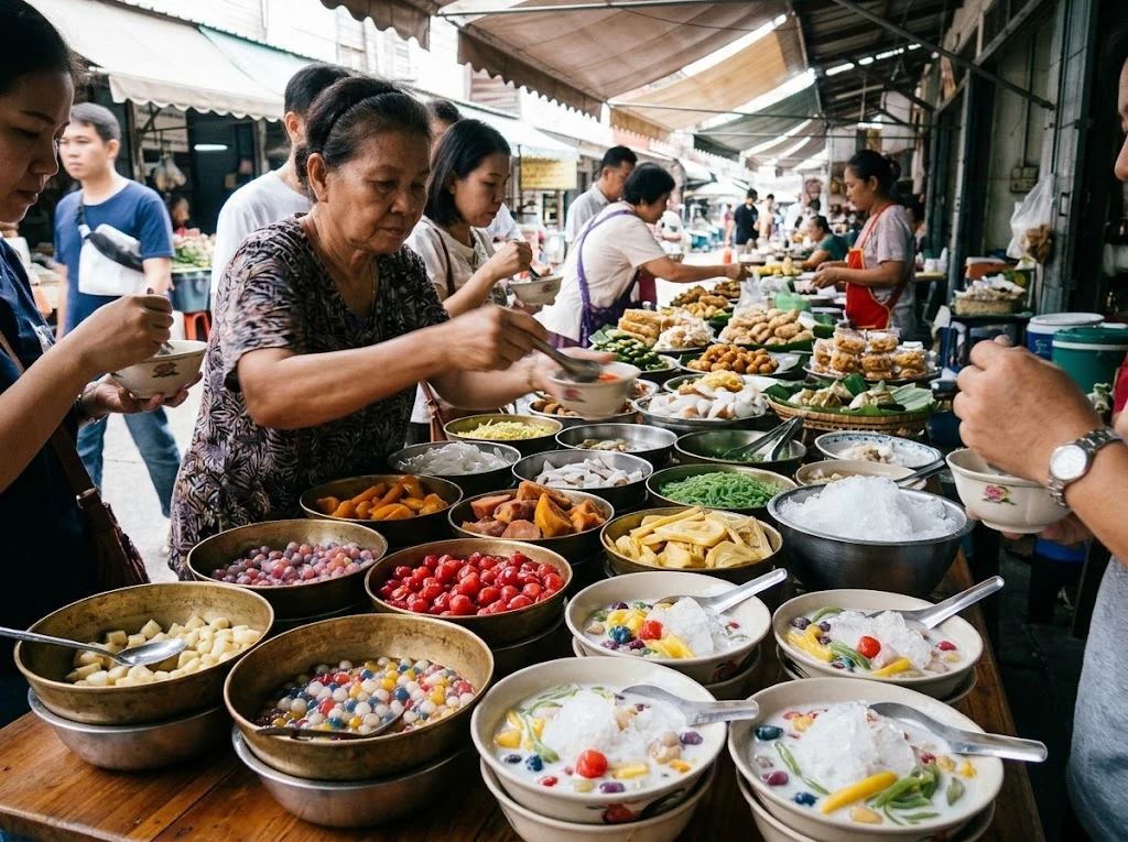 Étal thaïlandais de desserts frais présentant différentes garnitures colorées destinées au ruam mit, scène documentaire crédible