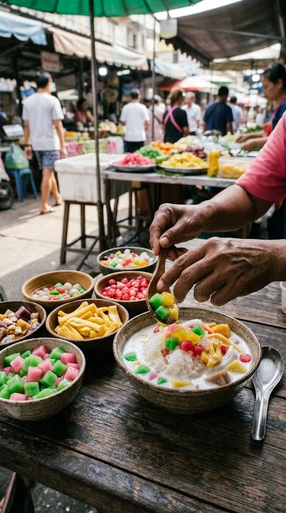 Préparer séparément les garnitures puis les assembler au dernier moment dans un bol avec lait de coco sucré et glace pilée
