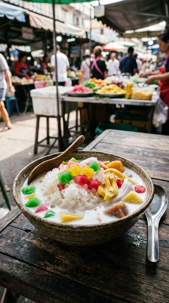 Étal thaïlandais de desserts frais montrant plusieurs garnitures et bols de ruam mit.