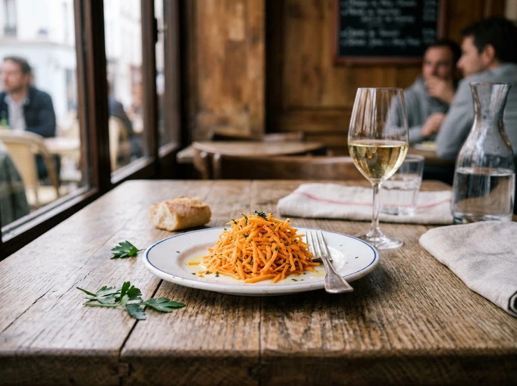 Table de bistrot français avec petite assiette de carottes râpées en entrée, scène sobre et réaliste.