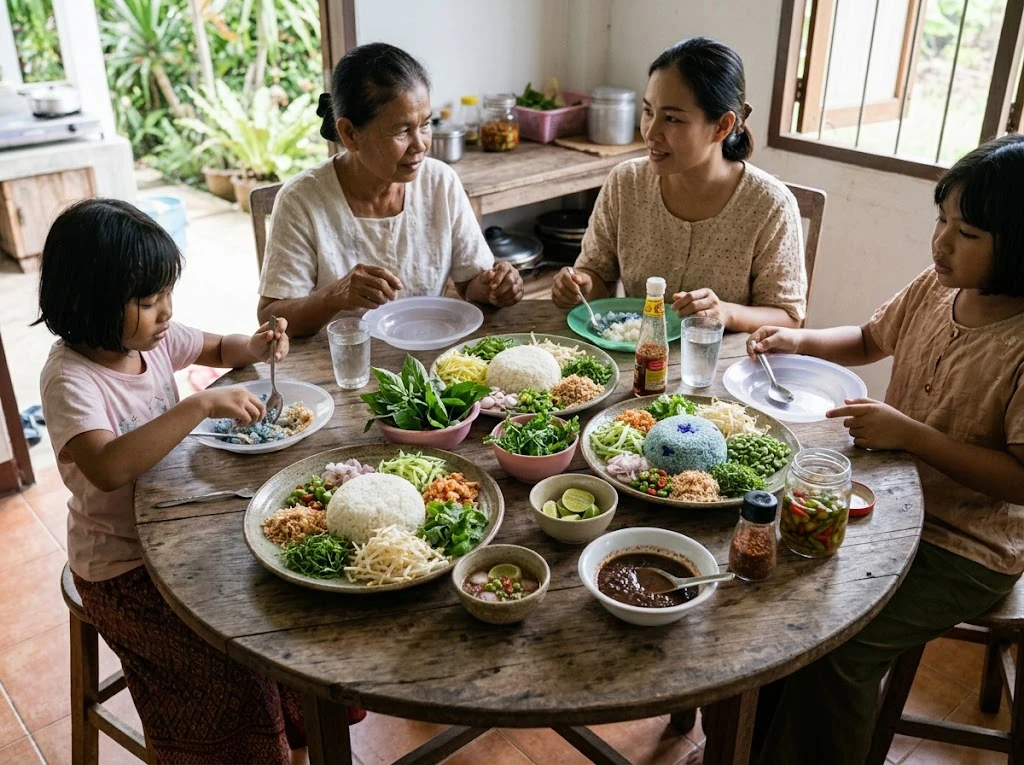 Citronnelle, feuilles de combava, noix de coco grillée et riz blanc dans de petits récipients, plan de travail du sud de la Thaïlande.