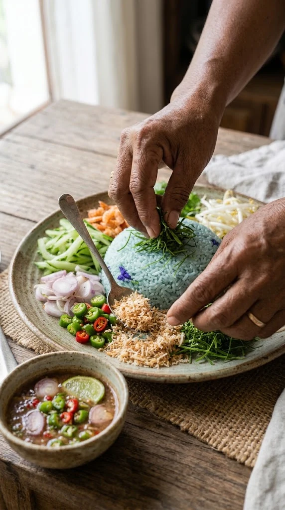 Citronnelle tendre finement émincée sur une planche propre, riz et légumes déjà coupés à proximité.