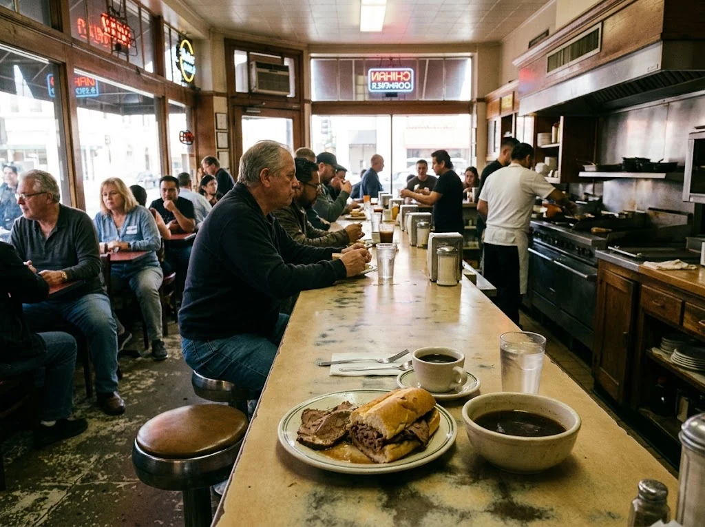 Salle de restaurant avec un long comptoir occupé par des clients, un sandwich et une coupelle de sauce au premier plan.