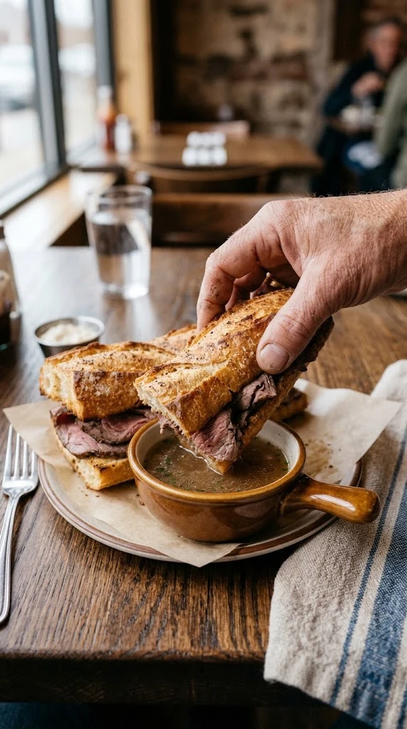 Une main trempe l’extrémité d’un sandwich au bœuf dans une coupelle de sauce.