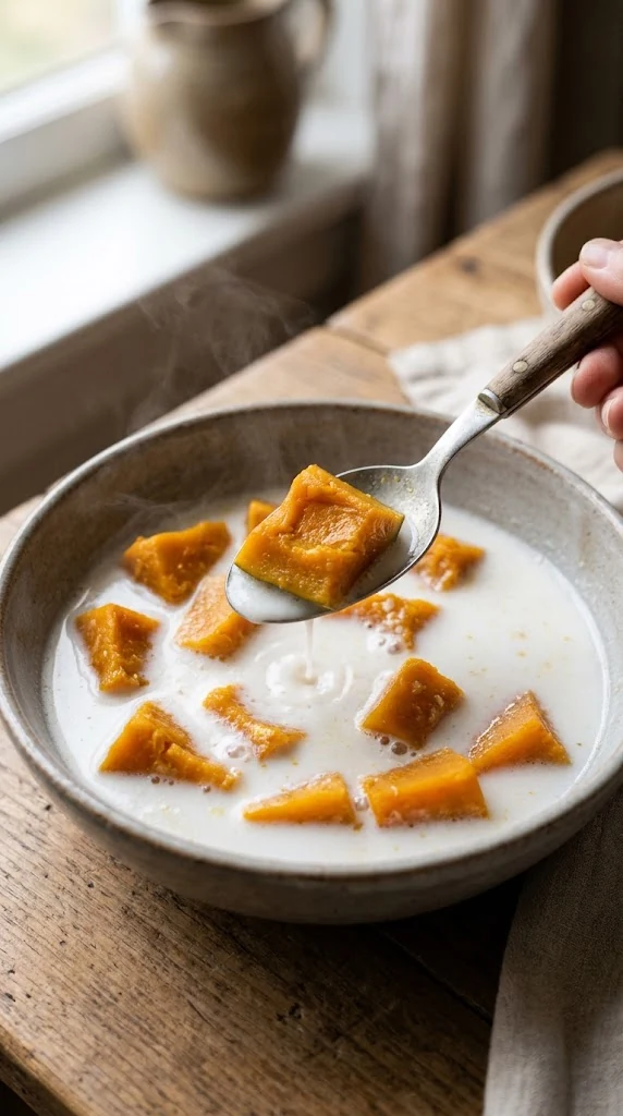 Une main tient une cuillère soulevant un morceau de courge au-dessus d’un bol de dessert au lait de coco.