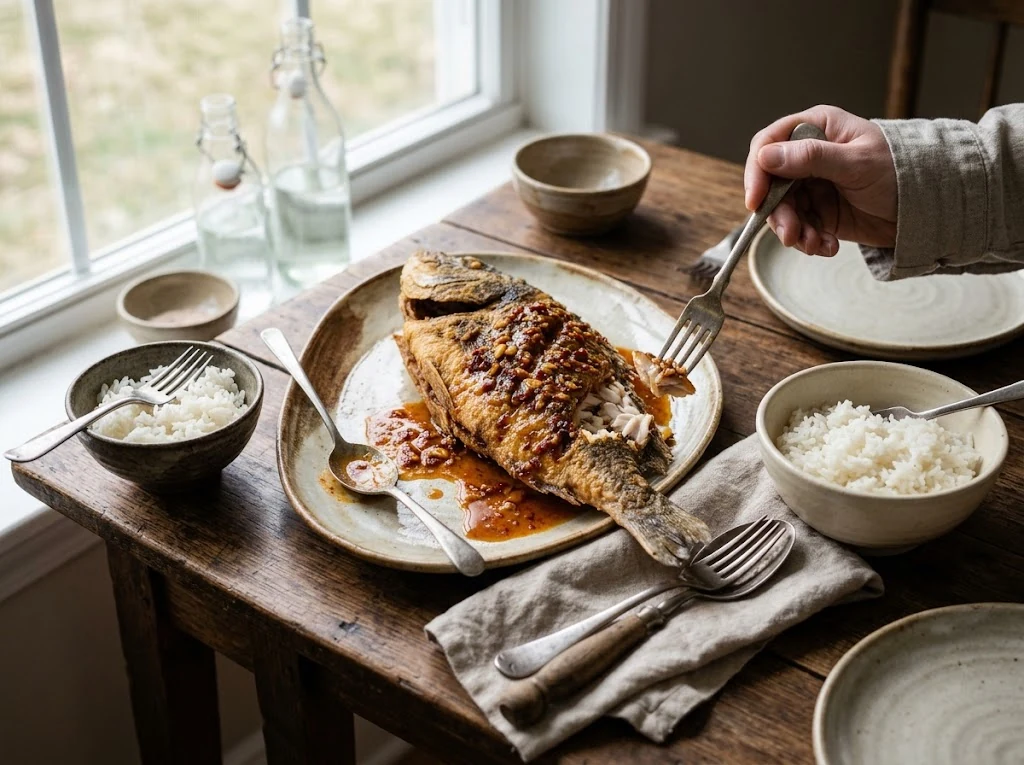 Poisson entier en sauce dans un plat ovale, entouré de bols de riz, avec une main tenant une fourchette.
