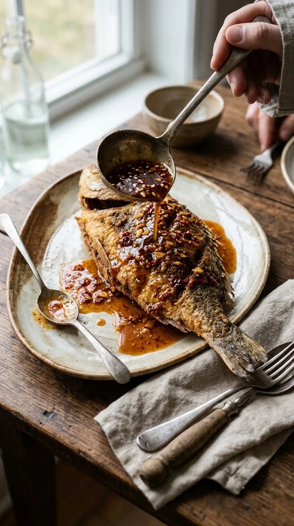 Une main verse à la louche une sauce rouge-brun sur un poisson entier disposé dans un plat ovale.