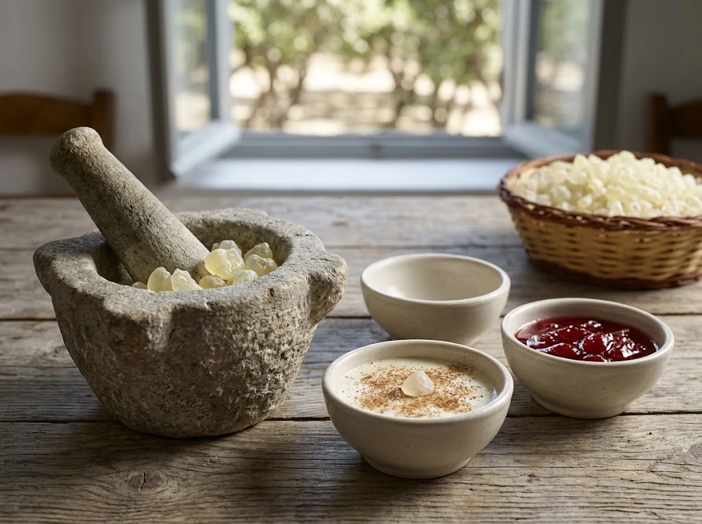 Mortier en pierre avec un pilon et des morceaux translucides clairs, près de coupelles de crème et de confiture rouge.