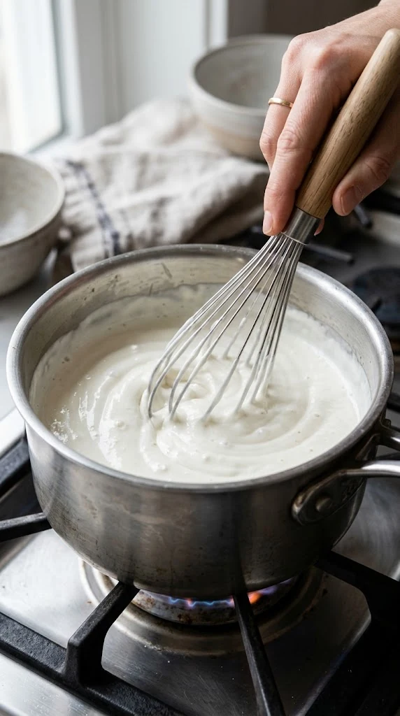 Une main remue au fouet une crème blanche dans une casserole posée sur une plaque de cuisson.