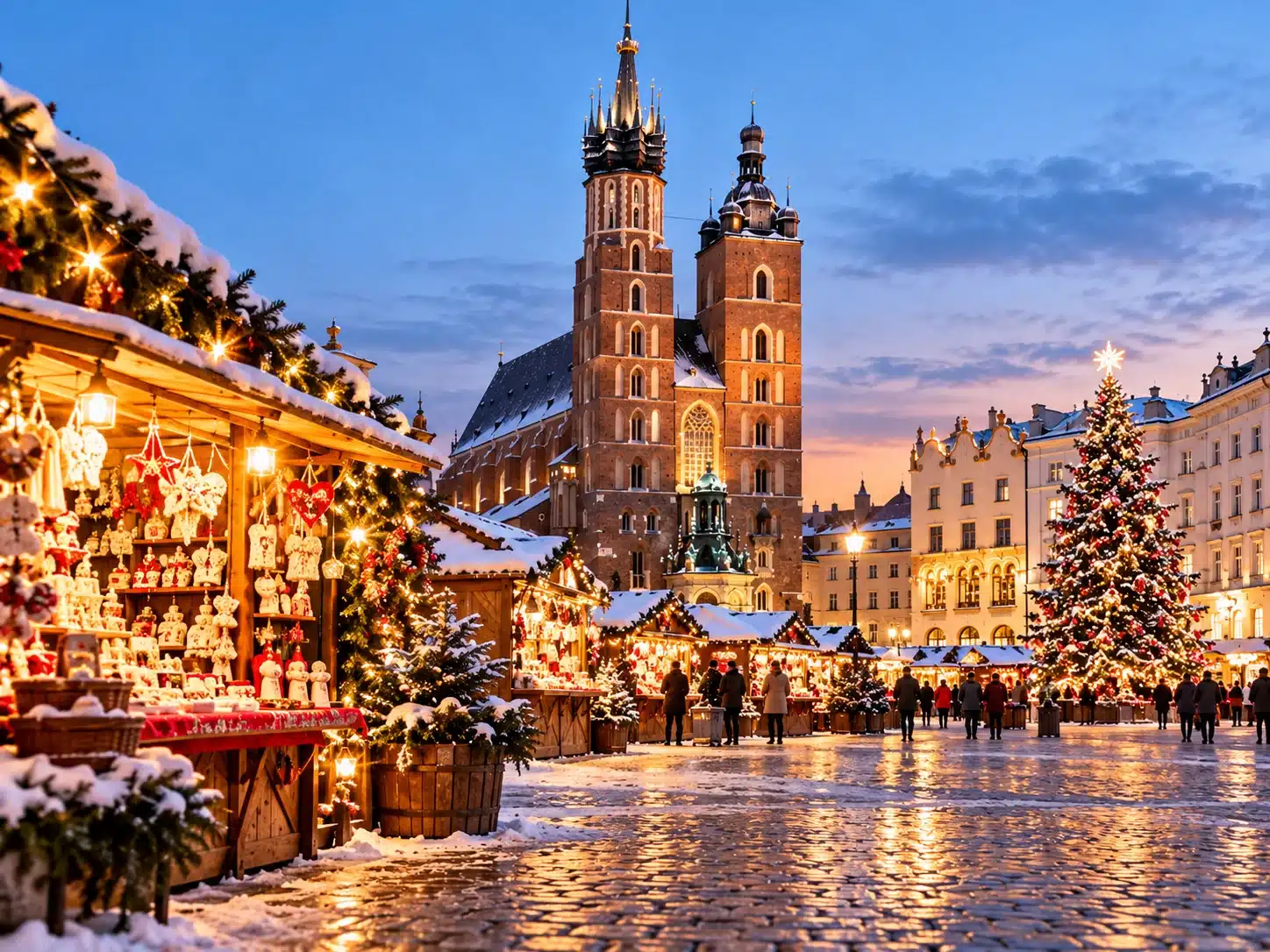 Illustration d’ambiance d’un marché de Noël dans une ville historique de Pologne, avec façades anciennes et décorations lumineuses.
