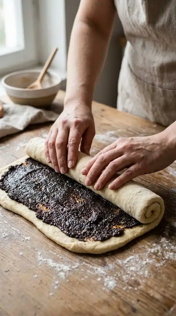 Mains roulant un rectangle de pâte levée couvert de farce au pavot refroidie, une seule action.