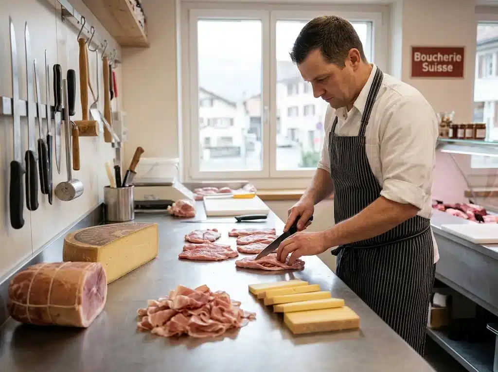 Boucher suisse préparant des escalopes de veau ouvertes en portefeuille, jambon et Gruyère séparés sur une surface propre.