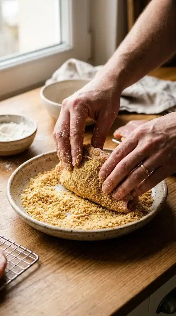 Escalope farcie fermée passée dans une assiette de chapelure.