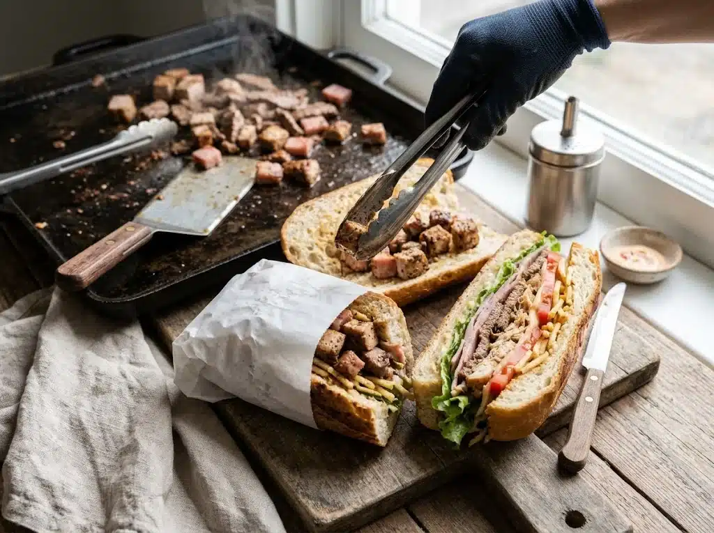 Comptoir de sandwichs portoricain, tripleta partiellement enveloppée dans du papier alimentaire neutre, plaque de cuisson visible.
