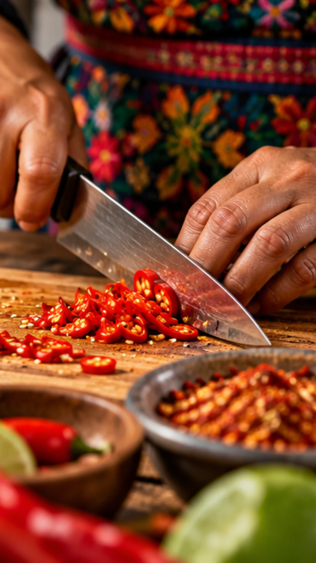 Mains découpant finement des piments rouges sur une planche