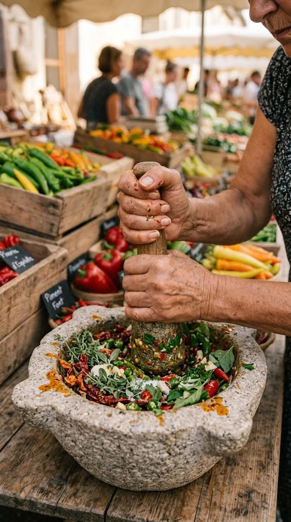 Mains préparant des piments et aromates