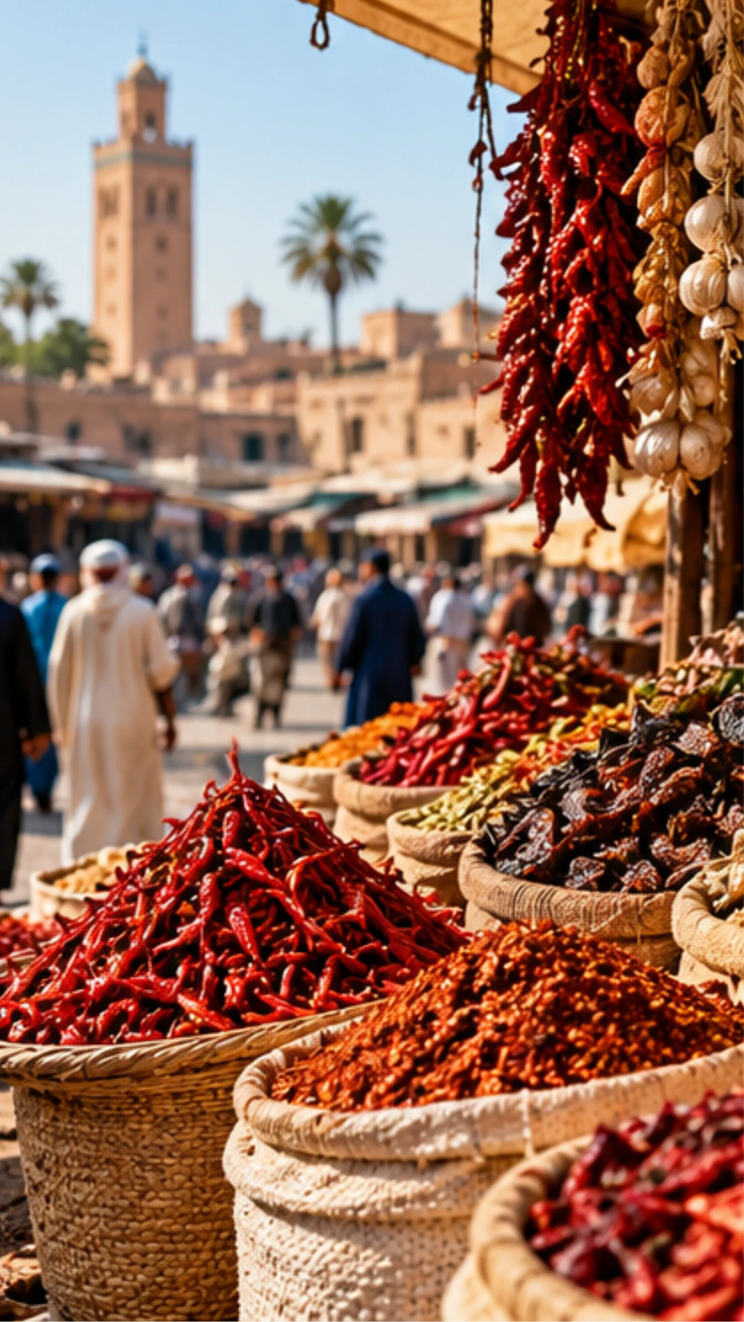 Étal de piments et épices sur un marché marocain, illustration de leur diffusion en Afrique