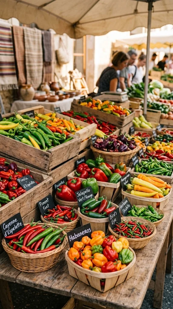 Diverses variétés de piments frais rouges, jaunes, orange et verts
