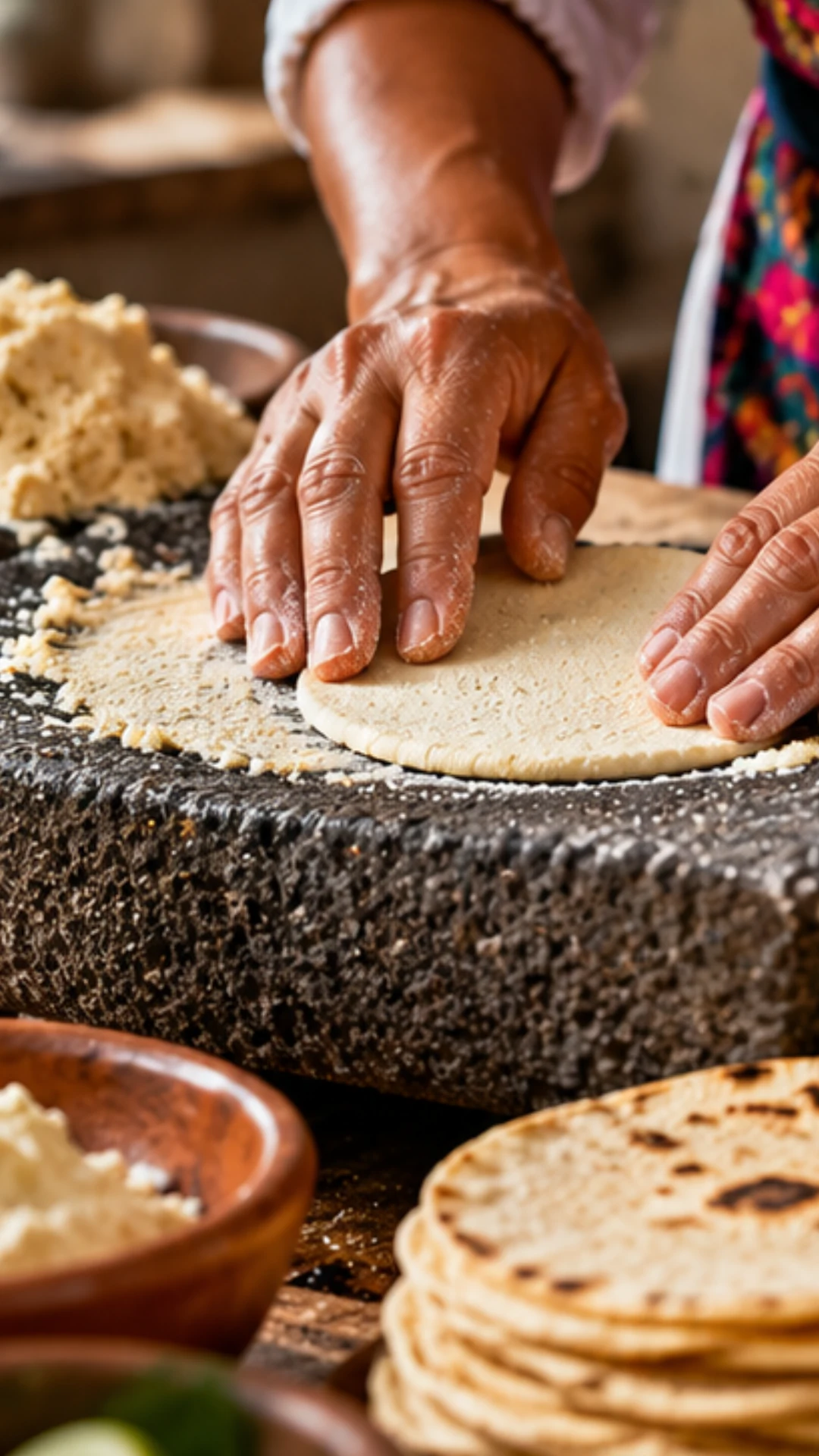 Mains façonnant une galette de maïs sur une surface de pierre