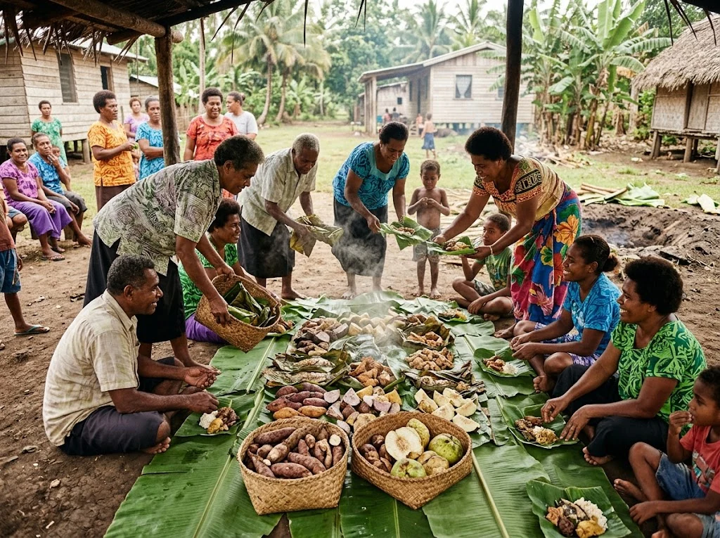 Repas collectif illustrant les traditions culinaires du Pacifique